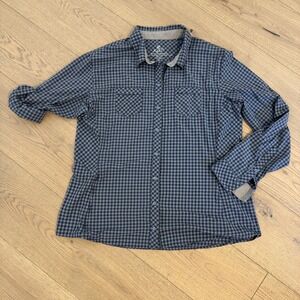 Kuhl Gingham Button Down Shirt Women XL Blue Gray Roll Tab Sleeve Stretch Hiking